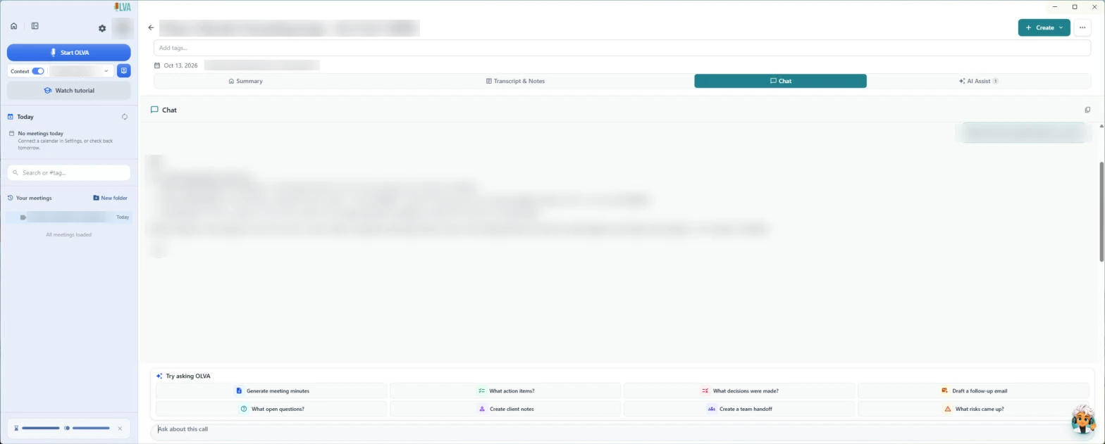A saved meeting in the real OLVA app: the Chat tab with Try asking OLVA, including Create a team handoff and What open questions?. The meeting title and our test question and answer are blurred