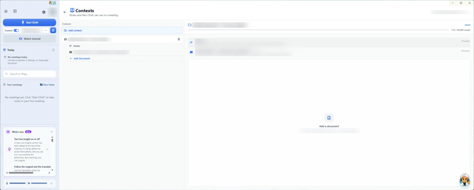 The real OLVA Contexts page (Windows desktop app) with one context holding a note and an attached document, from our own test. For discovery calls you save your product playbook here. Our test text and Robert's avatar are blurred