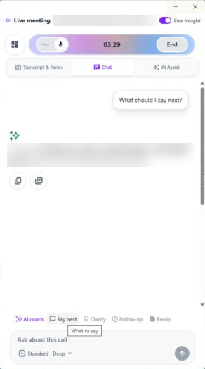 The real OLVA live window after Say next: the Chat tab with What should I say next? and a private suggested reply (our test call's answer is blurred), above the AI coach row and Ask about this call