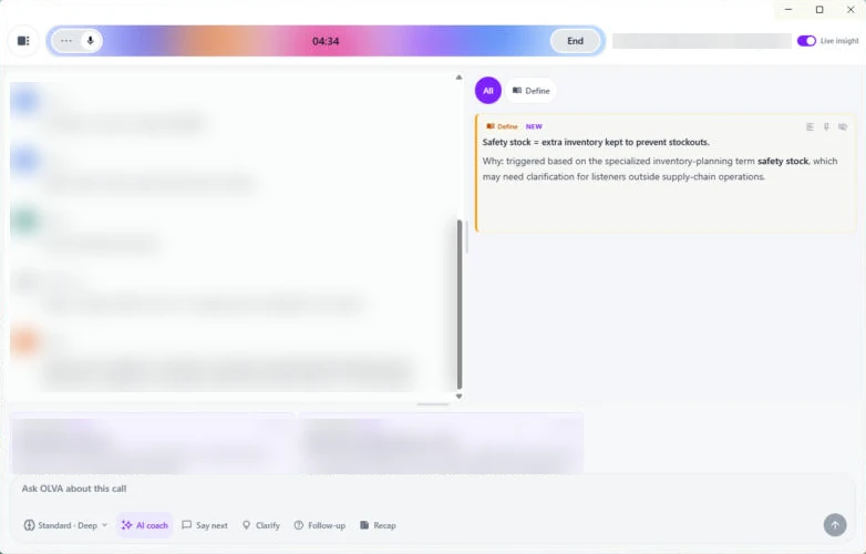 The real OLVA live window in side-by-side view: the transcript on the left (blurred) and a Define card from Live insight on the right. No Fact Check card came up in our test, so check prices against your own price list