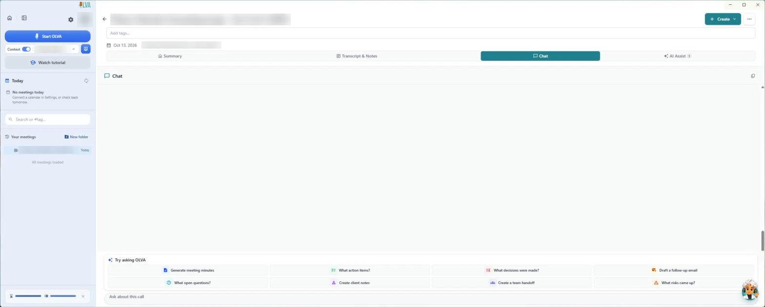 A saved meeting in the real OLVA app: the Chat tab with Try asking OLVA, including Create client notes and Draft a follow-up email. The meeting title and our test answer are blurred