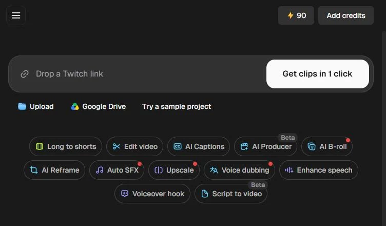 Opus Clip dashboard in a narrow window: a link box with Get clips in 1 click, Upload and Google Drive, the AI tools row, and 90 credits at the top right