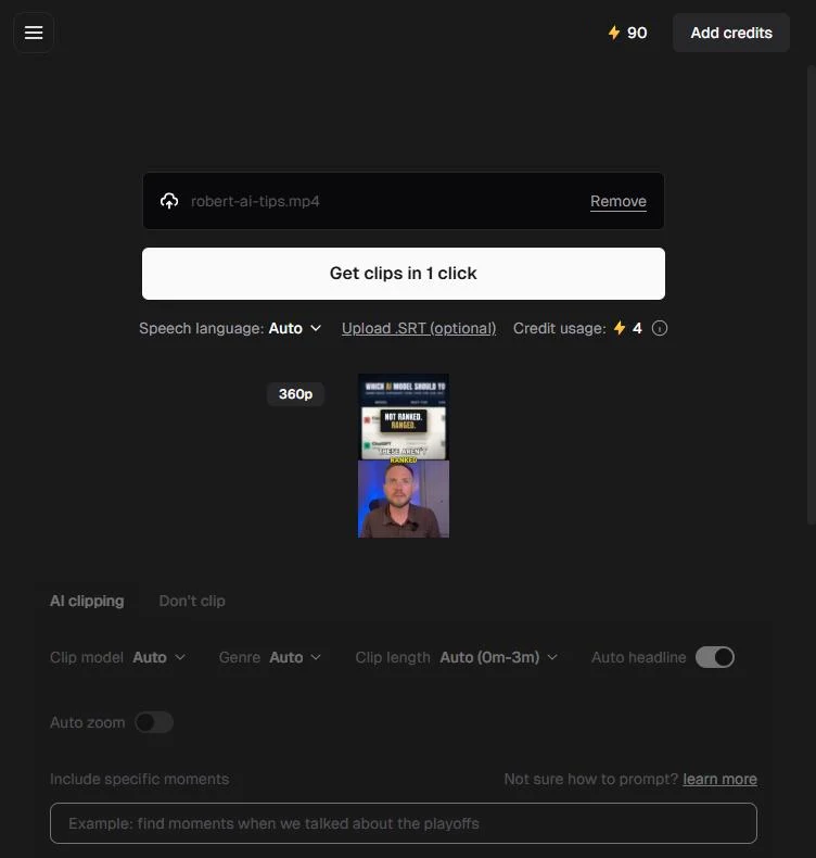 Opus Clip after uploading robert-ai-tips.mp4: Get clips in 1 click, Credit usage 4, a 360p preview, clip settings and an empty Include specific moments box