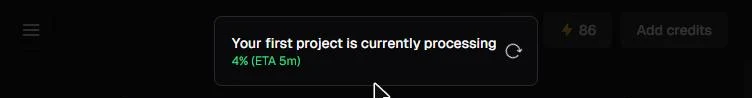 Opus Clip note at the top of the page: Your first project is currently processing, 4% (ETA 5m)