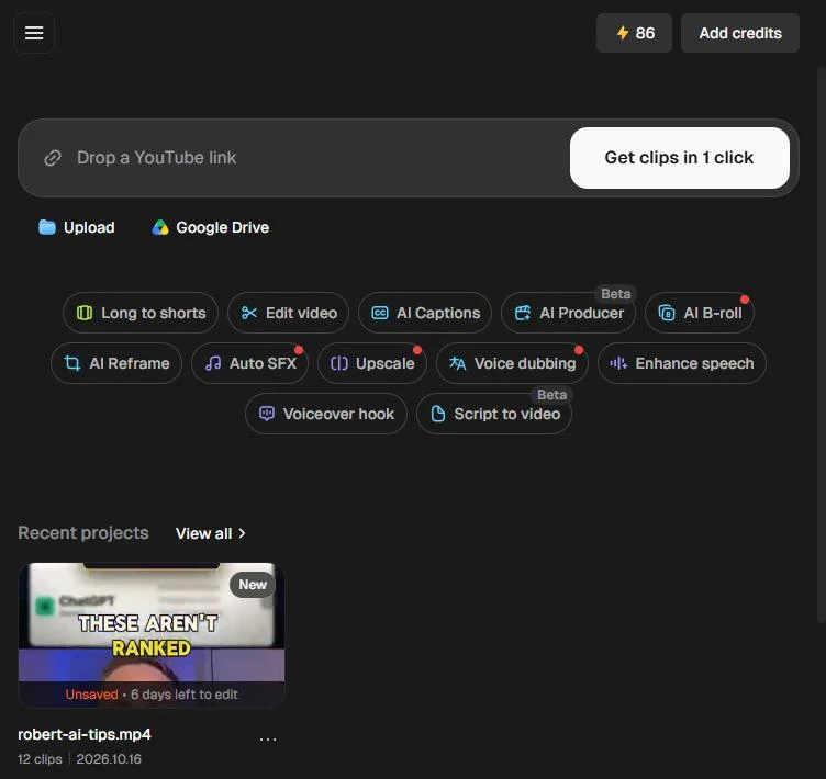 Opus Clip dashboard with 86 credits and the recent project robert-ai-tips.mp4 showing 12 clips