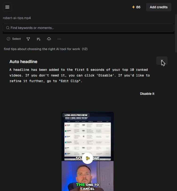 Opus Clip project page: the prompt find tips about choosing the right AI tool for work (12), the Auto headline note and the top clip preview
