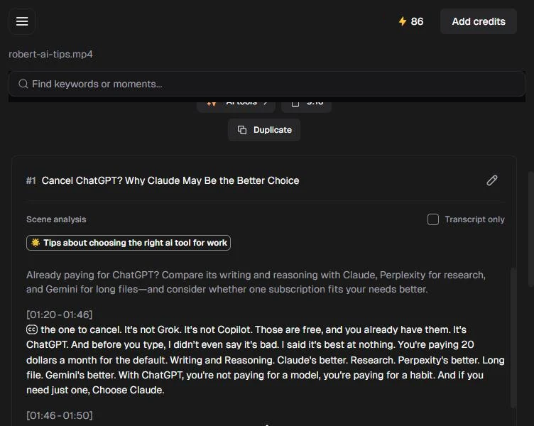 Opus Clip clip #1 titled Cancel ChatGPT? Why Claude May Be the Better Choice, with the scene analysis tag, a summary and the transcript from 01:20 to 01:46