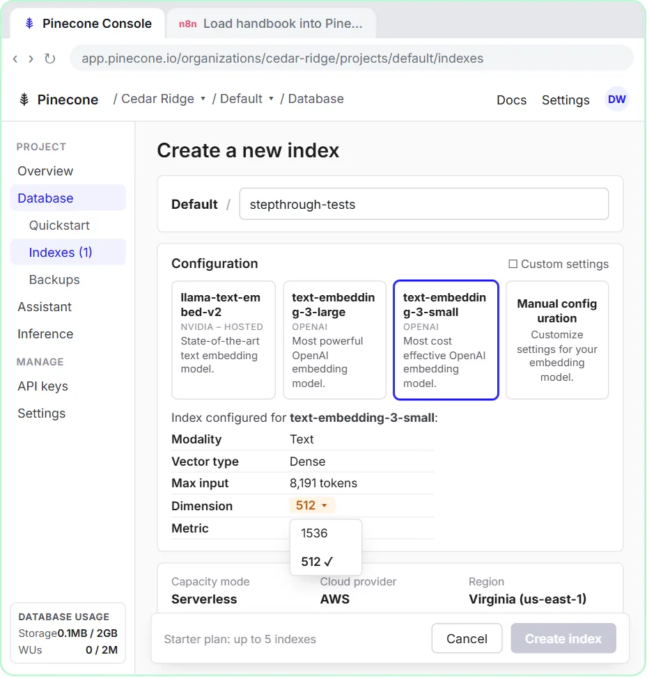 Pinecone's Create a new index screen for an index named stepthrough-tests with text-embedding-3-small selected, metric cosine and the Dimension list open showing 1536 and the default 512