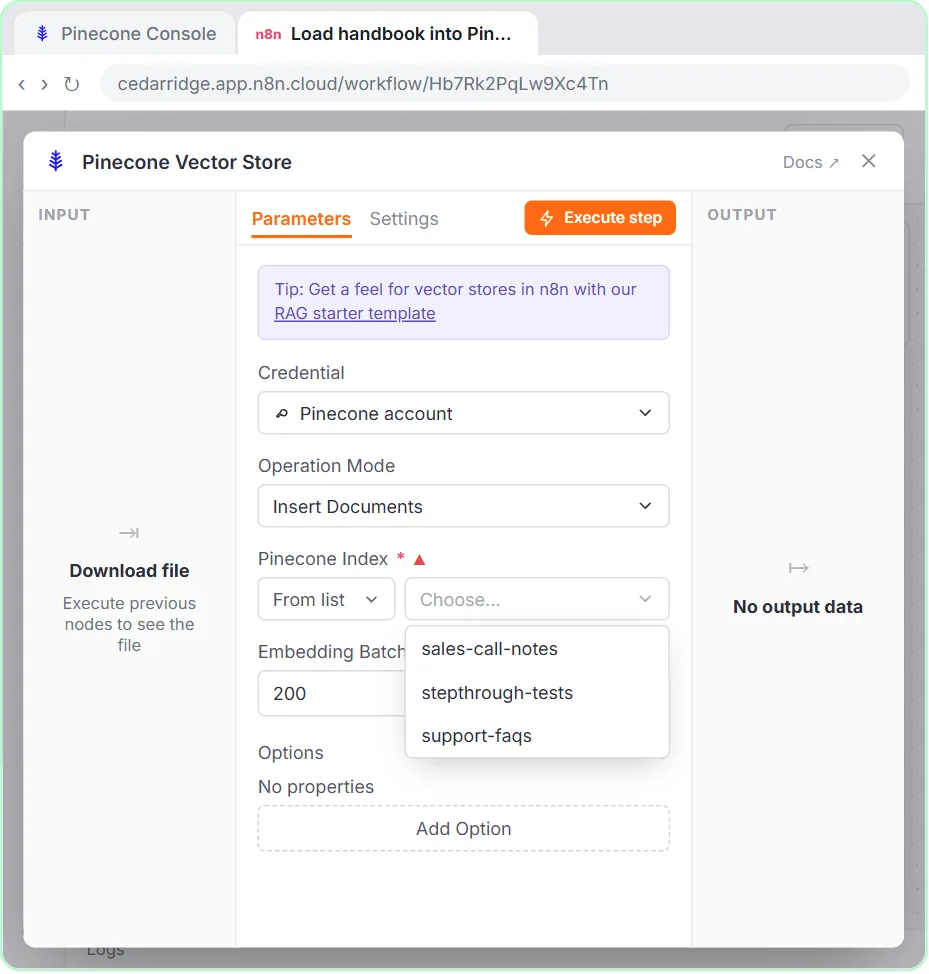 The n8n Pinecone Vector Store node in Insert Documents mode with a Pinecone account credential and the Pinecone Index list open on stepthrough-tests