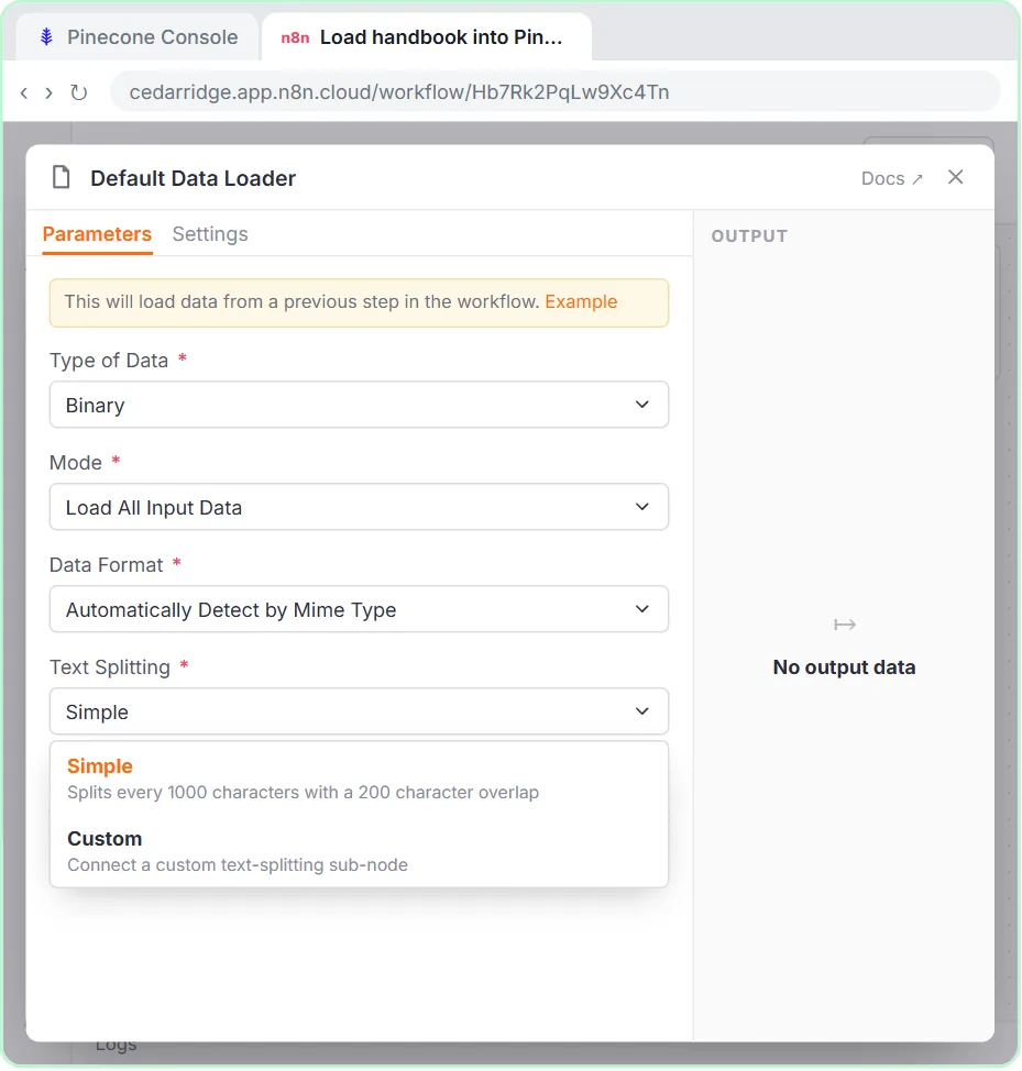 The n8n Default Data Loader set to Binary and Automatically Detect by Mime Type, with the Text Splitting list showing Simple (1000 characters, 200 overlap) and Custom
