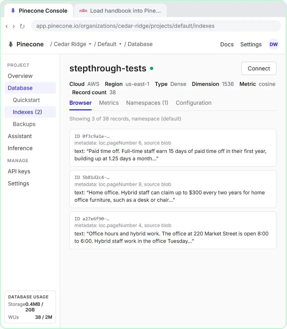 The stepthrough-tests index in the Pinecone console with dimension 1536, metric cosine and 38 records, each a handbook chunk with its page number