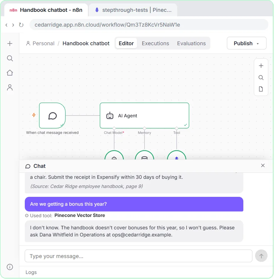 Practice copy of the n8n chat testing a handbook chatbot: an answer citing the Cedar Ridge employee handbook, page 9, and an I don't know answer to a question about this year's bonus