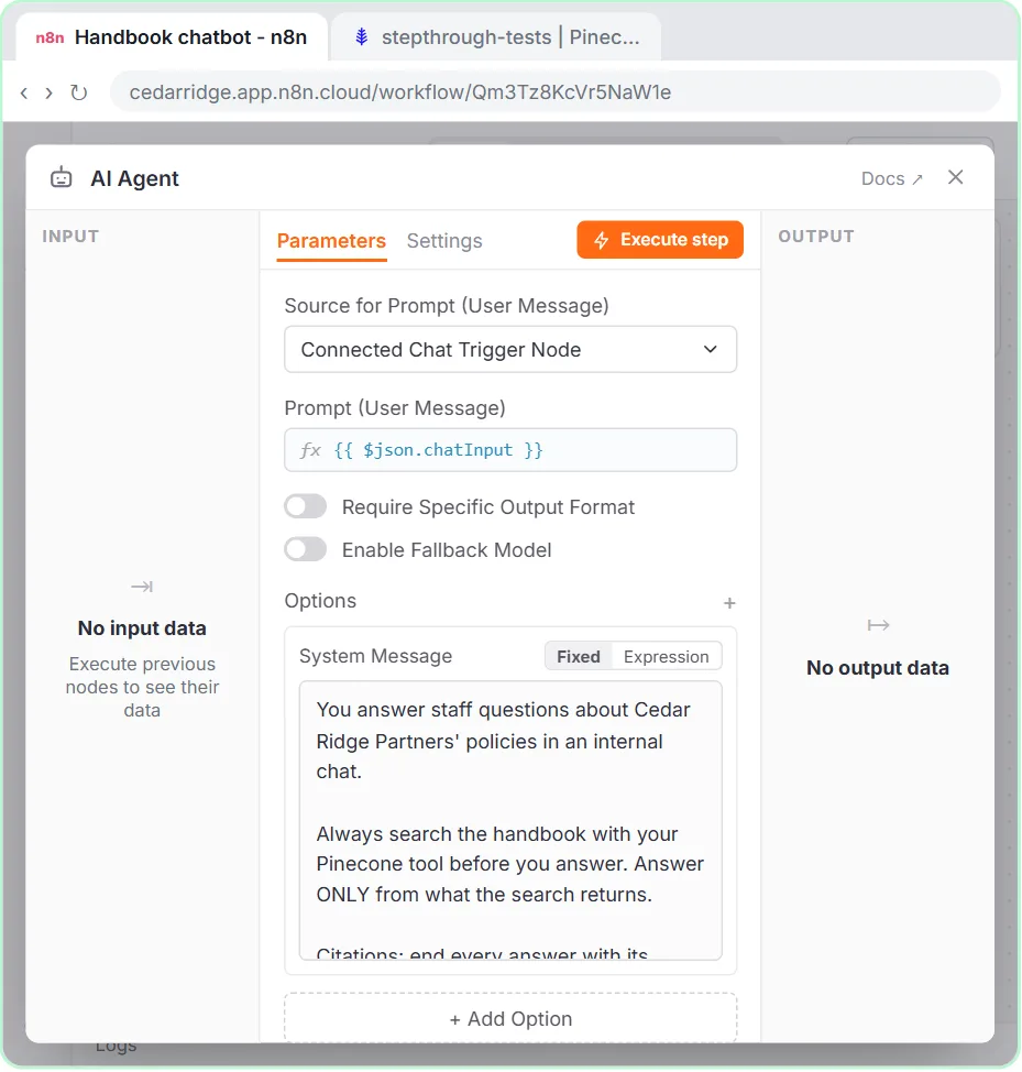 The n8n AI Agent node with Source for Prompt set to Connected Chat Trigger Node and a system message that requires searching the handbook first and citing the page