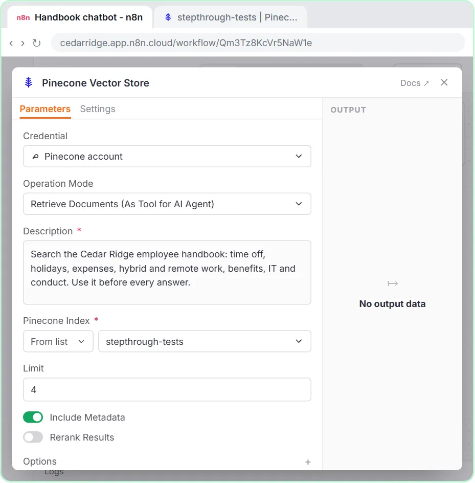 The n8n Pinecone Vector Store tool in Retrieve Documents (As Tool for AI Agent) mode with a description, the stepthrough-tests index, Limit 4 and Include Metadata on