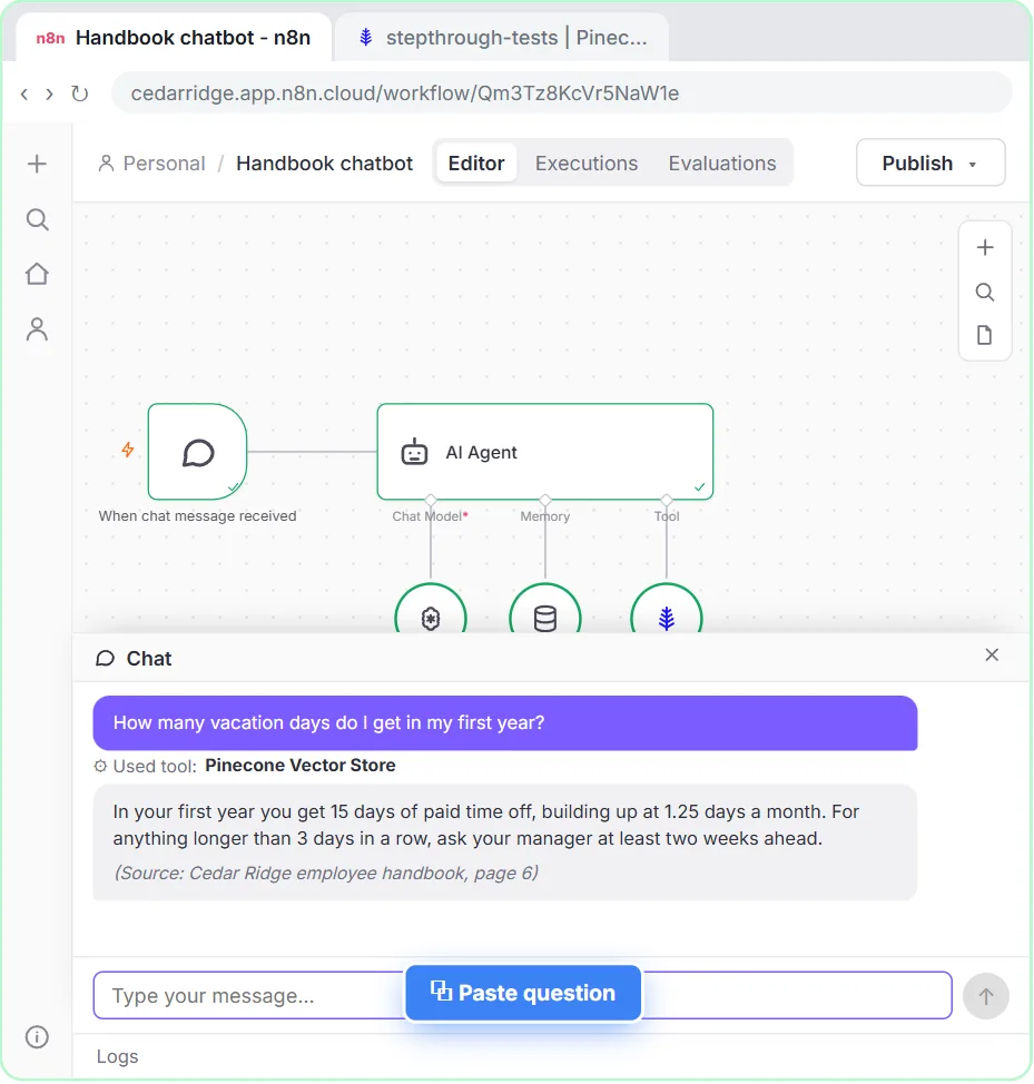 The n8n chat answering two handbook questions, vacation days and a home office chair, each after using the Pinecone Vector Store tool and ending with a page citation