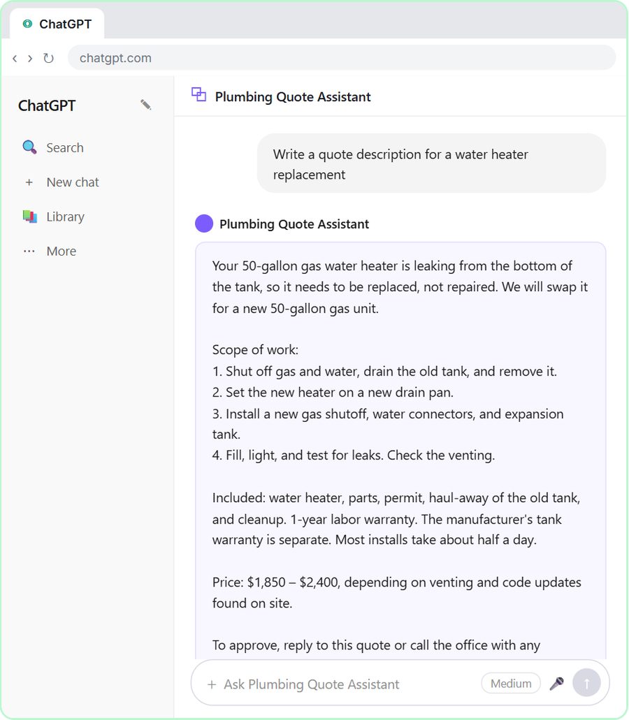 Build a Custom GPT Plumbing Quote Writer: a step from the interactive module