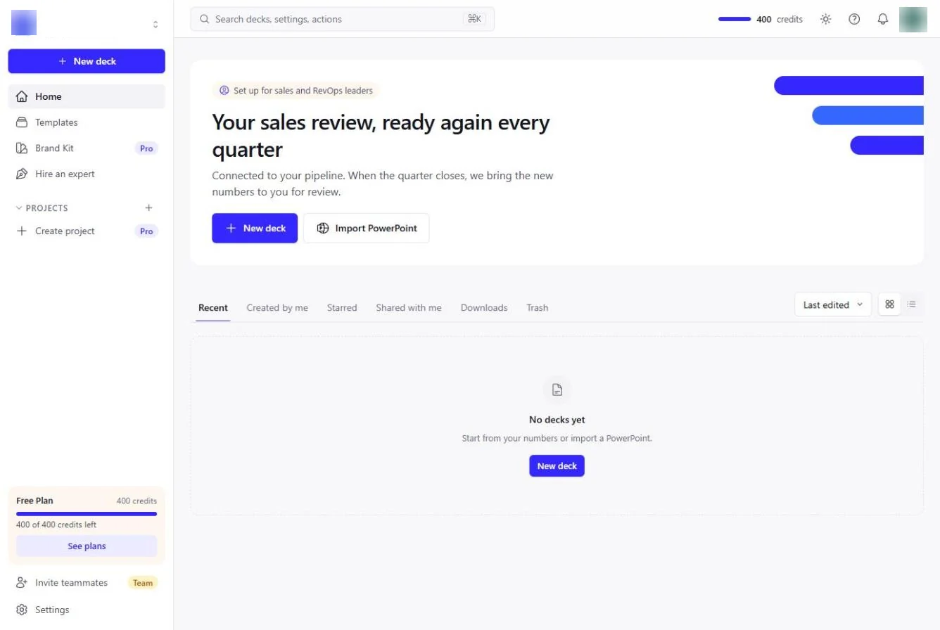 The Presentations.AI home page on the Free Plan with 400 credits, the banner Your sales review, ready again every quarter and a New deck button