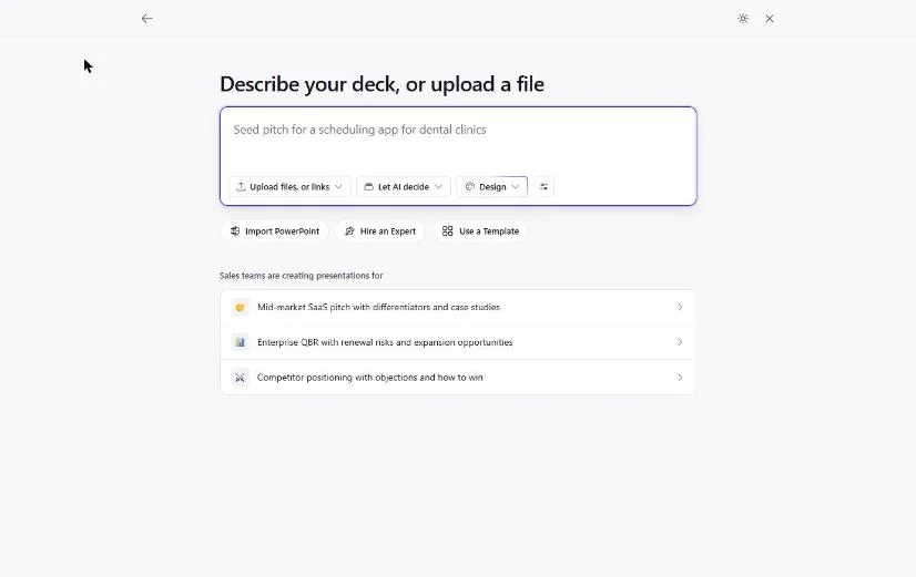 The Presentations.AI Describe your deck, or upload a file box, with Upload files or links, Let AI decide and Design options