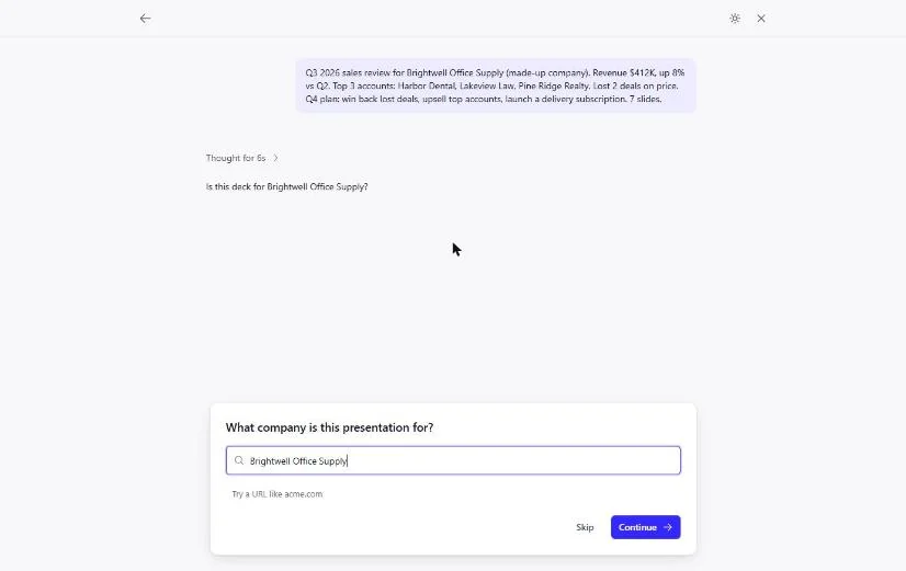 Presentations.AI asking What company is this presentation for? with Brightwell Office Supply typed in and a Continue button