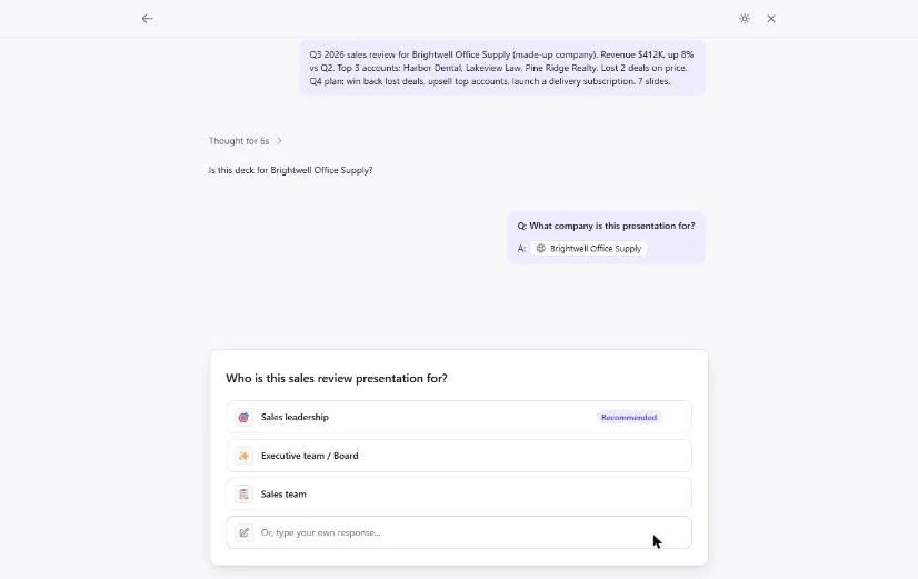 Presentations.AI asking Who is this sales review presentation for? with Sales leadership marked Recommended, Executive team / Board and Sales team