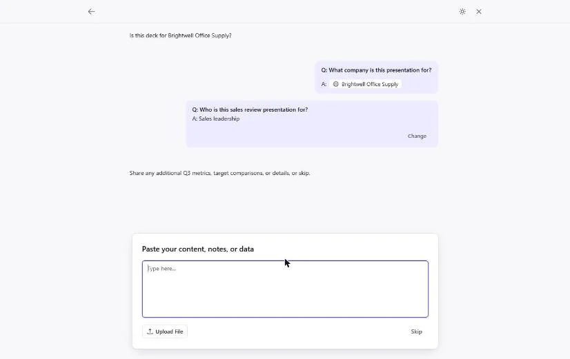 The Paste your content, notes, or data box after Presentations.AI asks for any additional Q3 metrics or target comparisons