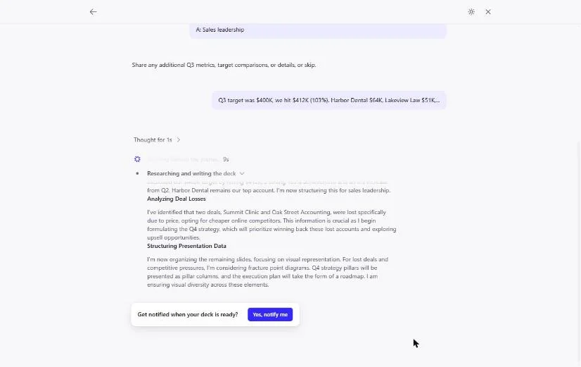 Presentations.AI researching and writing the deck, with notes on analyzing deal losses and structuring the presentation data