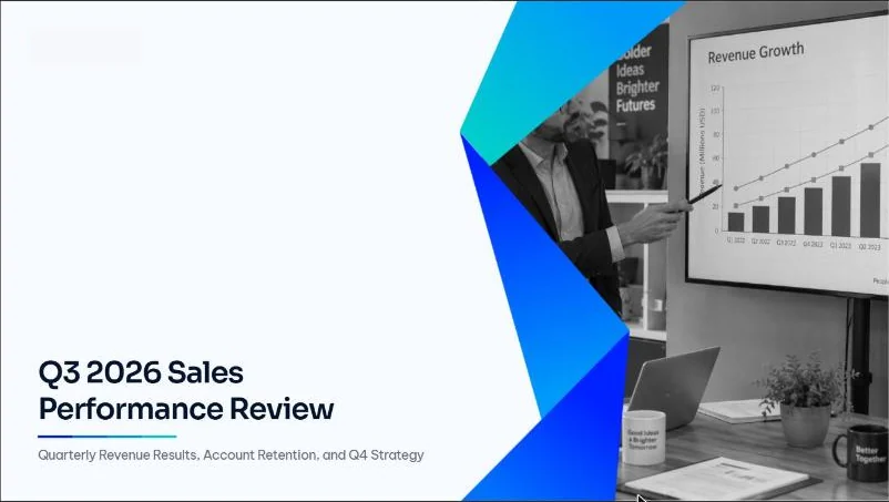 The generated title slide: Q3 2026 Sales Performance Review, Quarterly Revenue Results, Account Retention, and Q4 Strategy