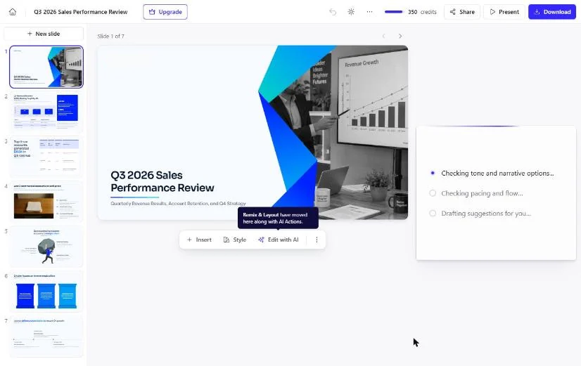 The finished 7-slide deck in the Presentations.AI editor, slide list on the left and 350 credits left at the top