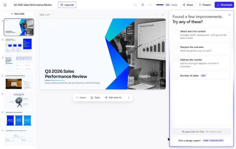 The Found a few improvements panel: Attach docs for context, Sharpen the outcome, Address the counter and Number of slides (Pro)