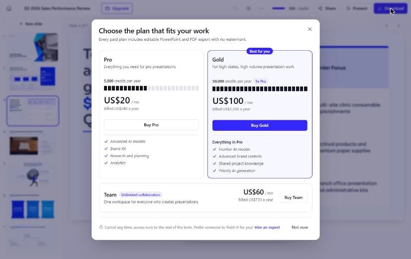 The plan window that opens from Download: every paid plan includes editable PowerPoint and PDF export with no watermark, Pro US$20 a month and Gold US$100 a month billed annually
