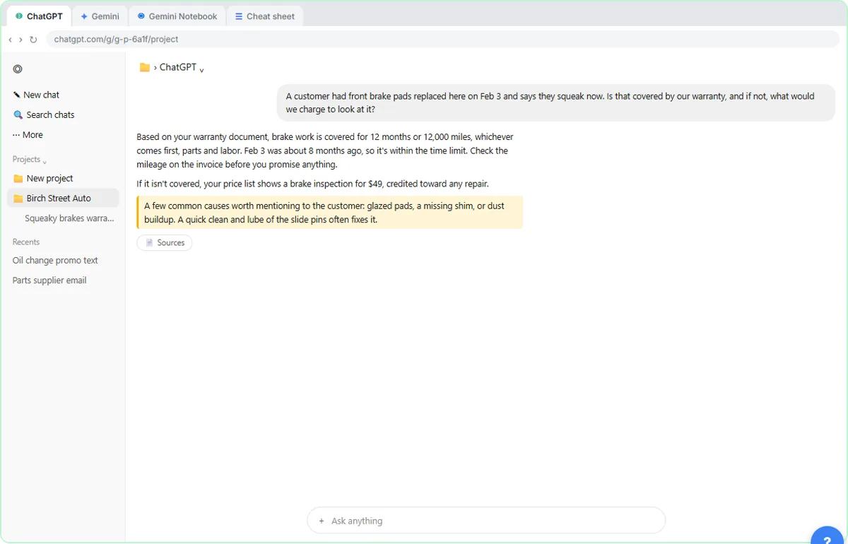ChatGPT Project chat answering the same question from the warranty and price list, with extra general advice highlighted
