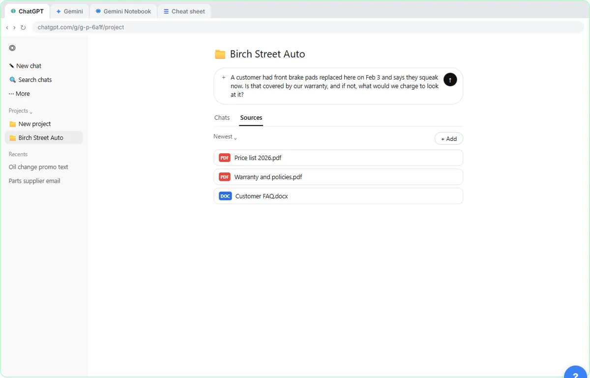 ChatGPT project page for Birch Street Auto with the question in the New chat box and three files in the Sources tab