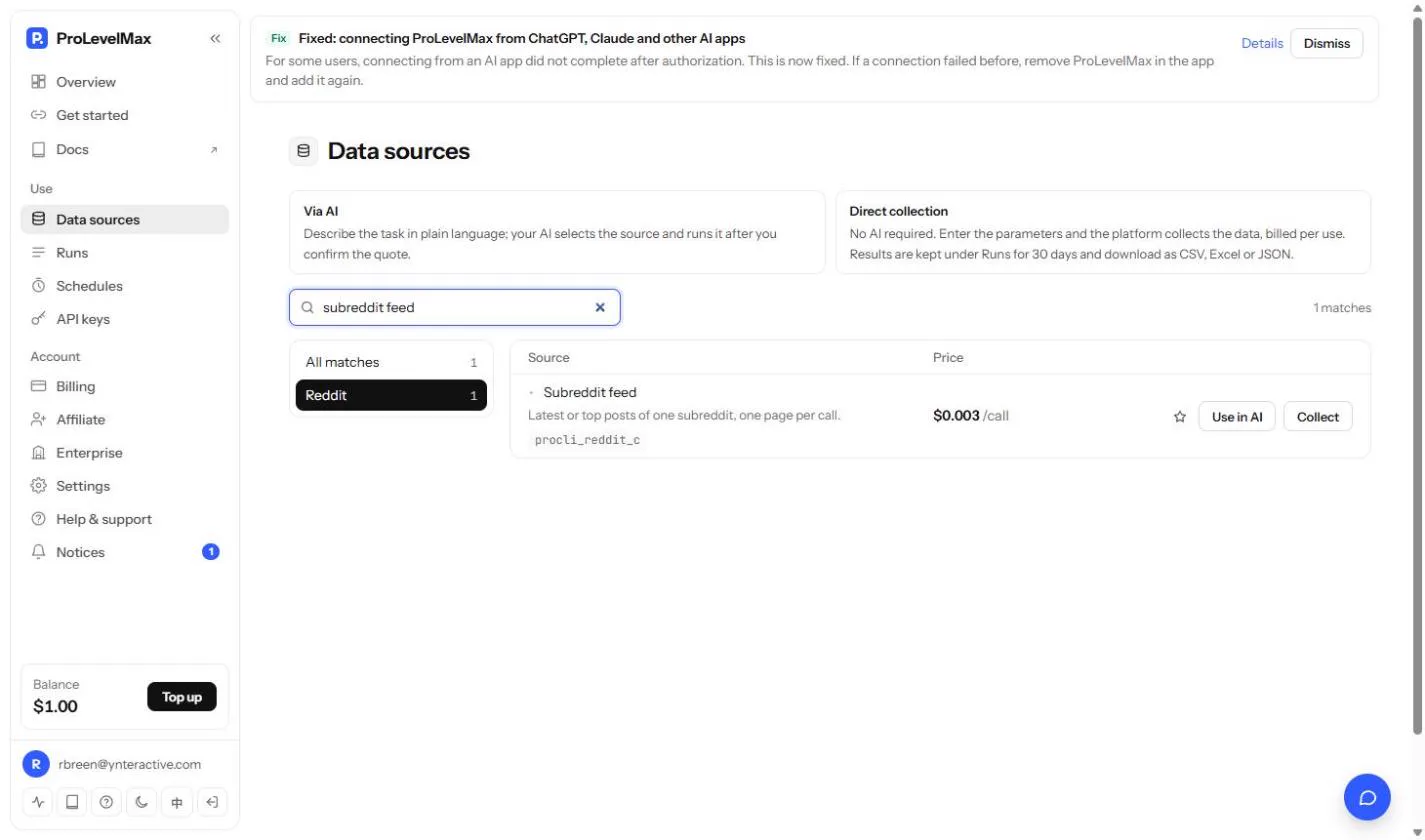 ProLevelMax Data sources searched for subreddit feed: the Subreddit feed source, procli_reddit_c, at $0.003 per call, with Use in AI and Collect buttons