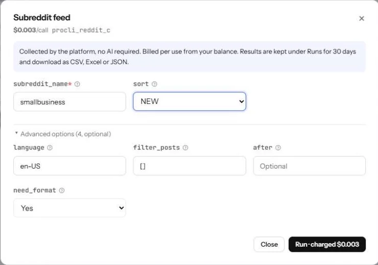 The ProLevelMax Collect form for Subreddit feed with subreddit_name set to smallbusiness, sort set to NEW, and the advanced options
