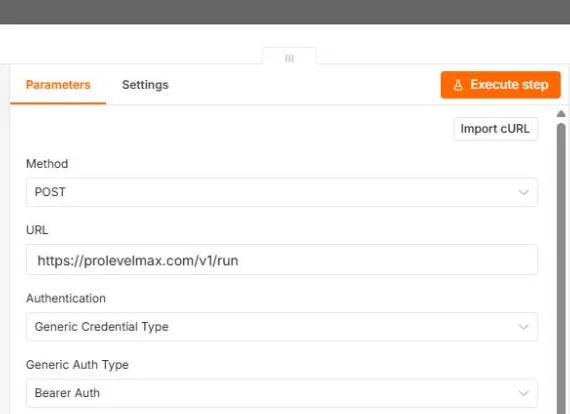 The n8n HTTP Request node set to POST https://prolevelmax.com/v1/run with Generic Credential Type and Bearer Auth
