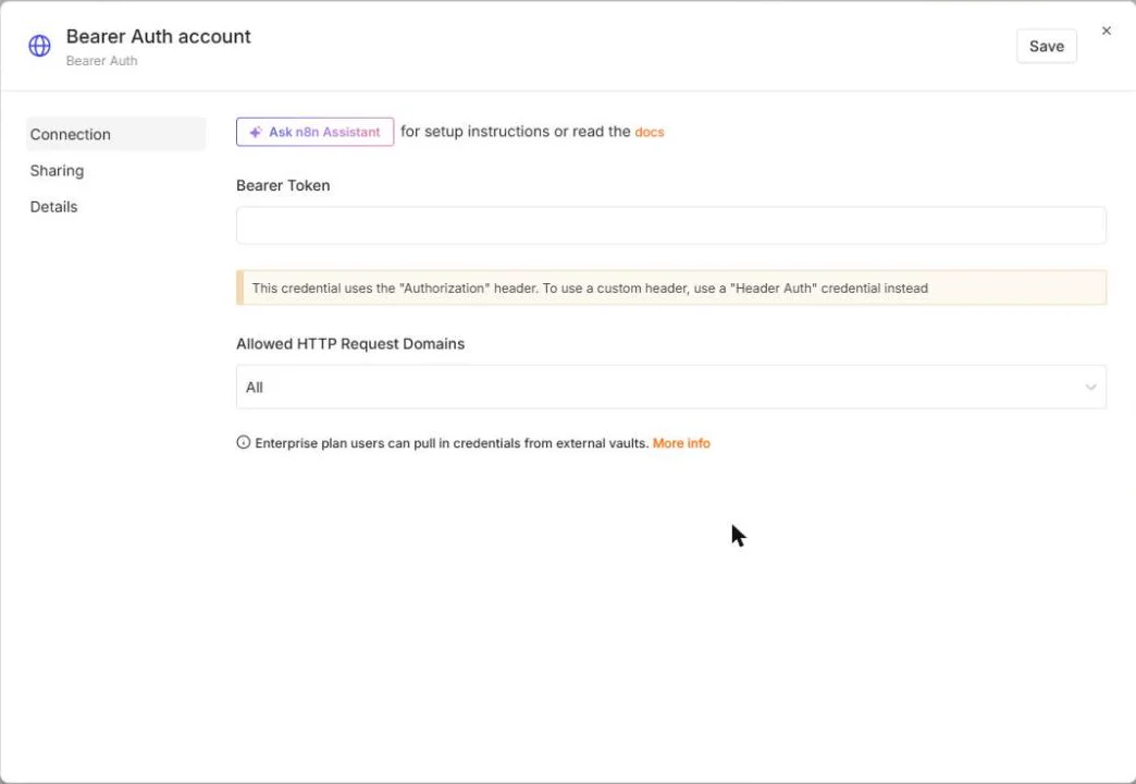 The empty n8n Bearer Auth credential, where the ProLevelMax API key goes in Bearer Token