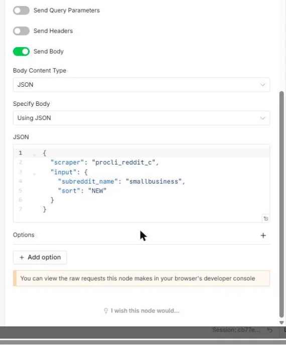 The HTTP Request node's JSON body with scraper procli_reddit_c, subreddit_name smallbusiness and sort NEW