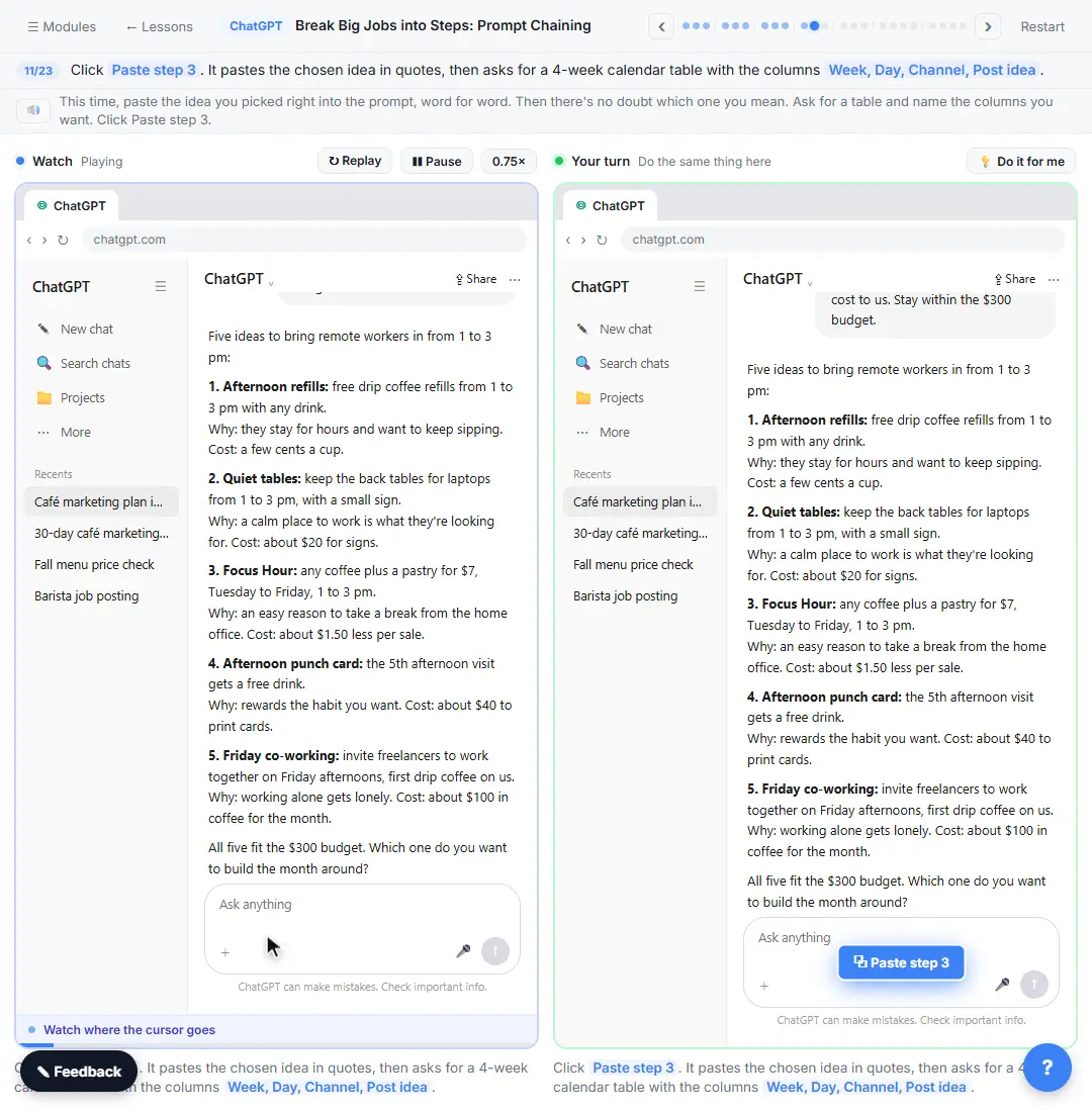 ChatGPT listing five offer ideas to bring remote workers into a cafe, each with a reason and cost