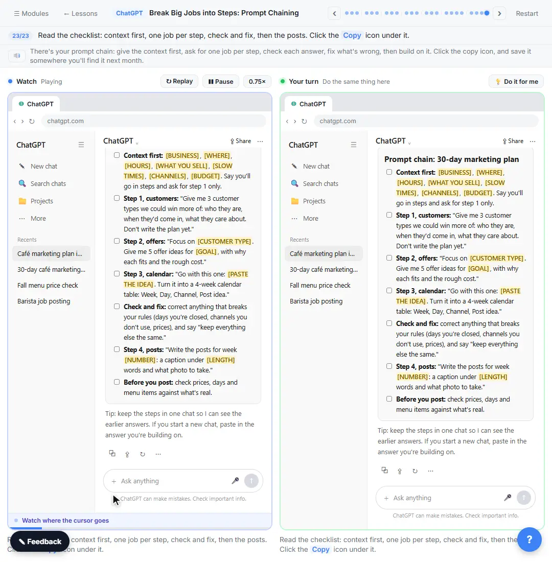 ChatGPT reusable prompt chain checklist for a 30-day marketing plan with bracketed blanks for each step