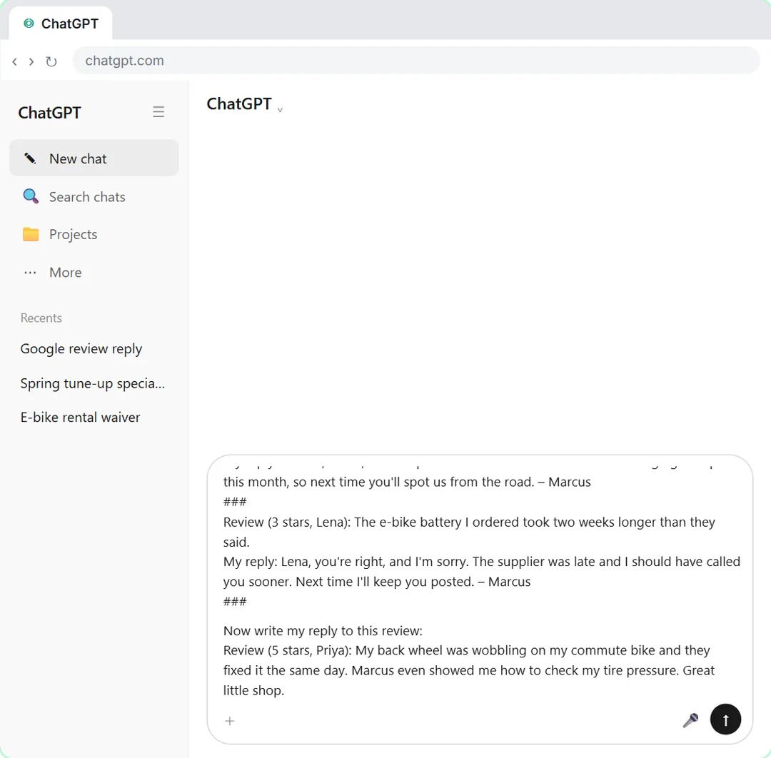 ChatGPT prompt with three of the owner's past review replies separated by ### before the new review