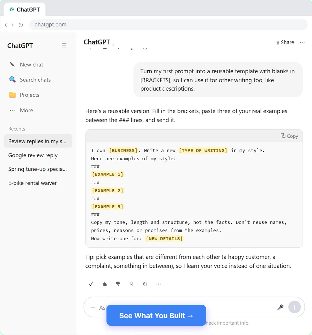 ChatGPT turning the prompt into a reusable few-shot template with bracketed blanks for any business