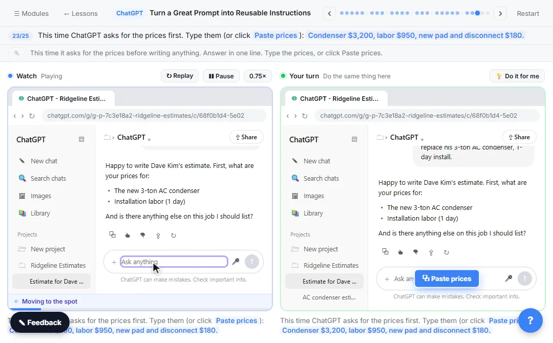 ChatGPT project chat asking for the job's prices first, after the instructions were fixed