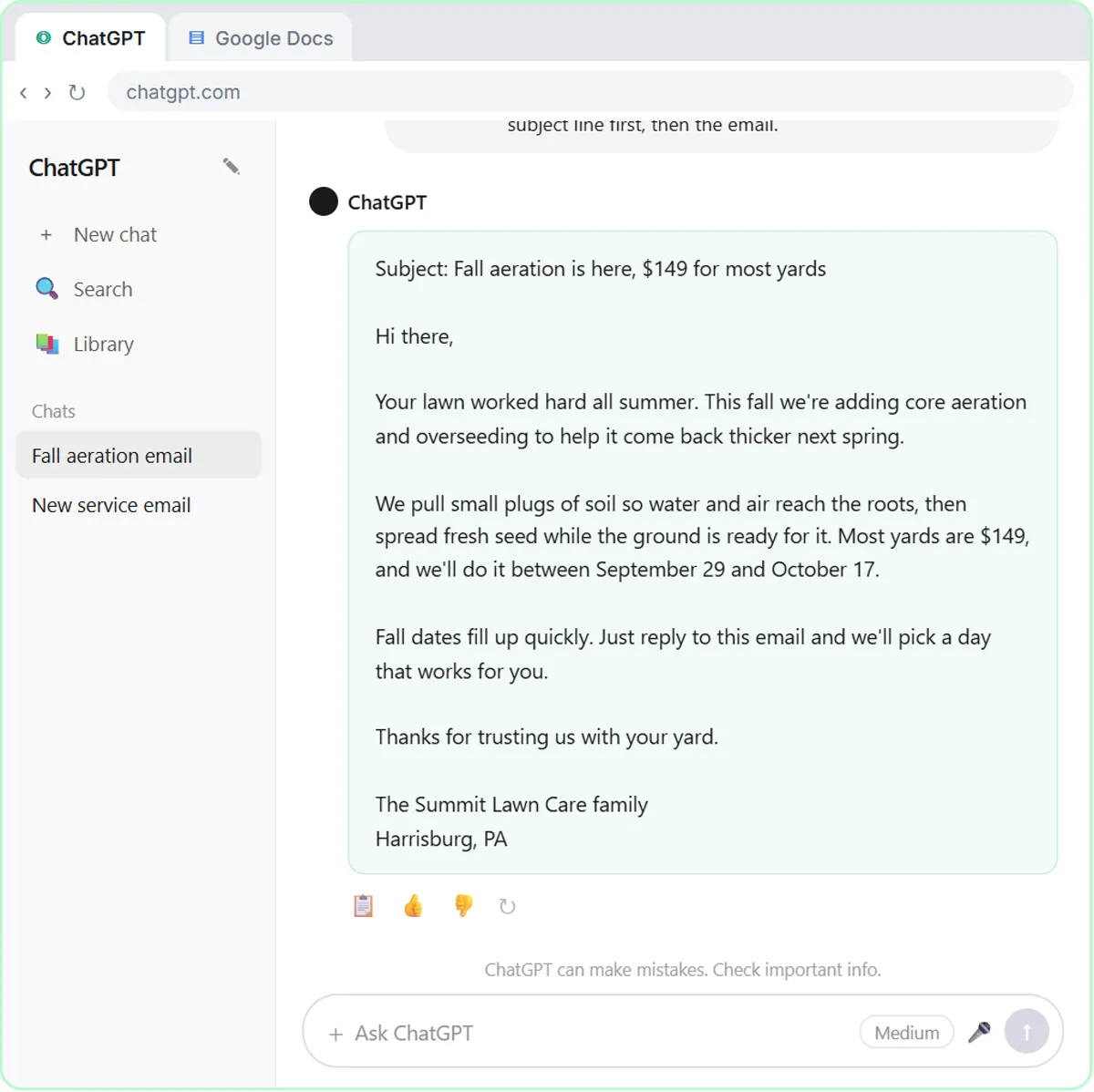 ChatGPT reply to the structured prompt: a plain fall aeration email from Summit Lawn Care at $149