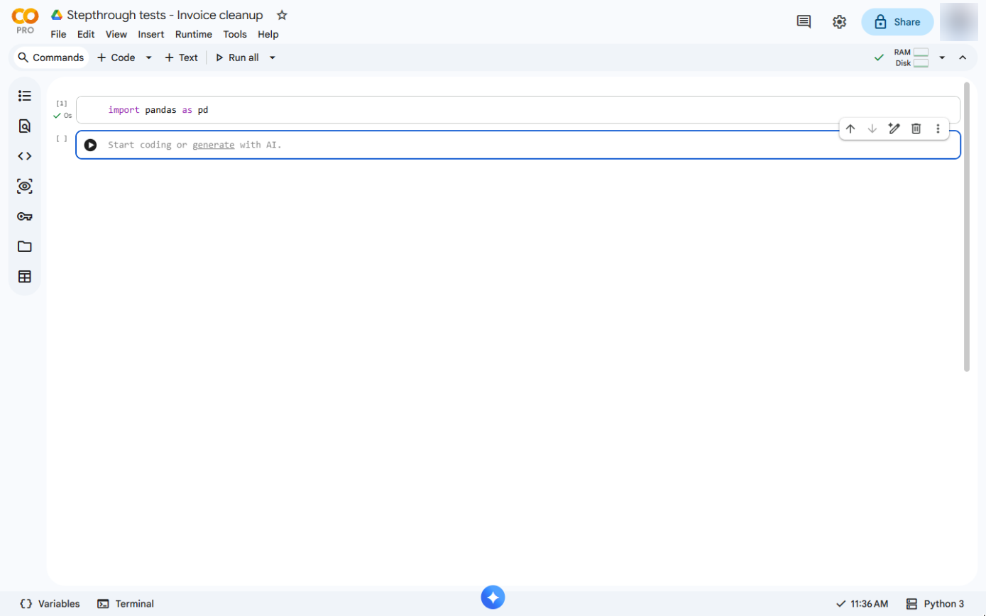 A Colab notebook named Stepthrough tests - Invoice cleanup: pandas loaded and a new empty cell