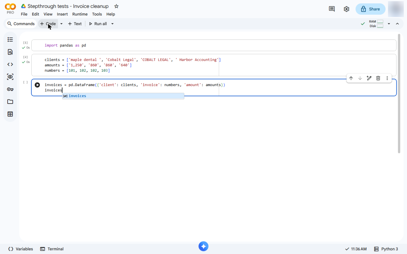 invoices = pd.DataFrame(...) and invoices typed in the next cell