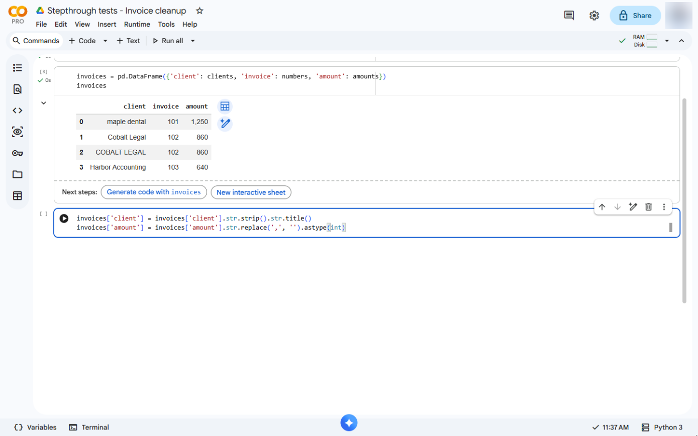 Two cleaning lines: str.strip().str.title() for the names and str.replace and astype(int) for the amounts