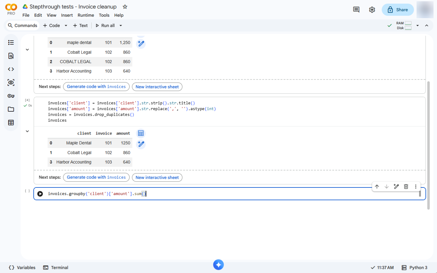 invoices.groupby('client')['amount'].sum() typed