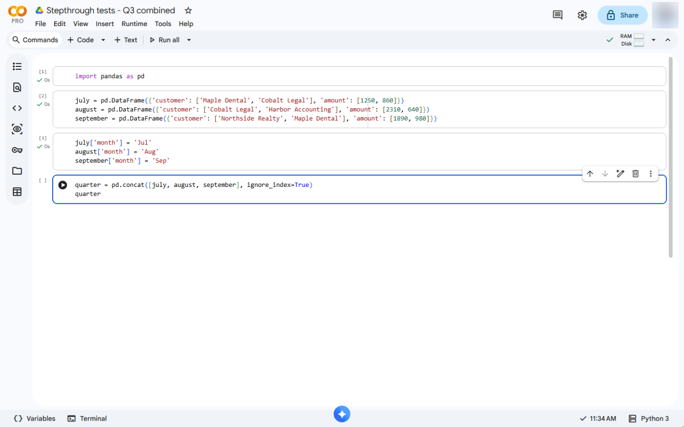 quarter = pd.concat([july, august, september], ignore_index=True) typed