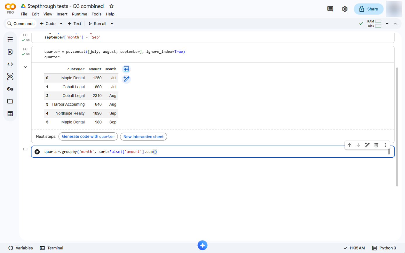quarter.groupby('month', sort=False)['amount'].sum() typed