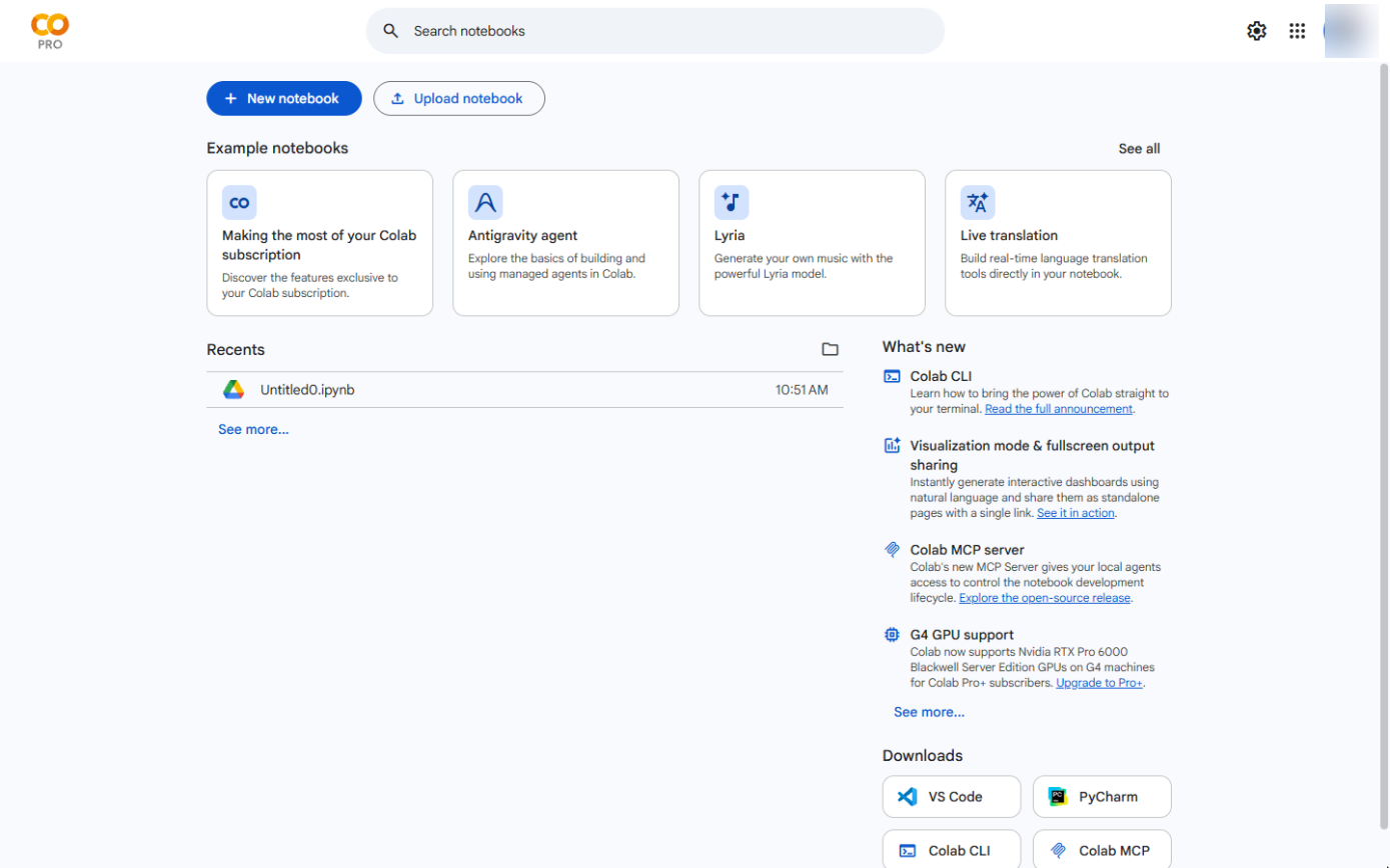 Google Colab start page with the New notebook button